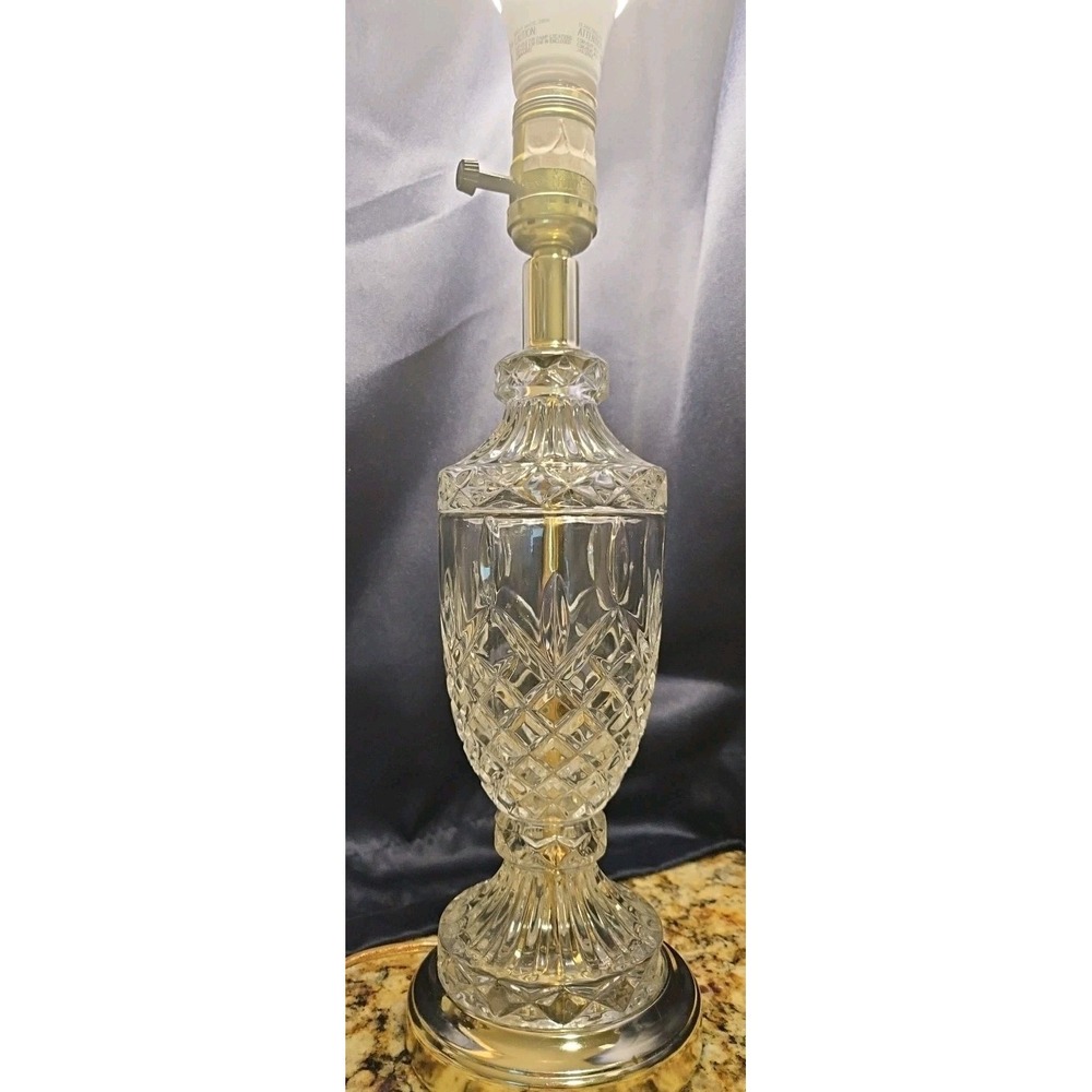 Vtg Mid-Century Cut Glass Urn with metal Table Lamp Accent 14.25" w/ Shade 18.5"